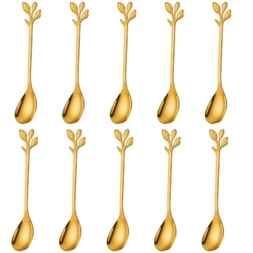 AnSaw Elegant Gold Leaf Coffee Spoons - 10-Piece, 4.7" Mini Stainless Steel Espresso & Dessert Tea S...