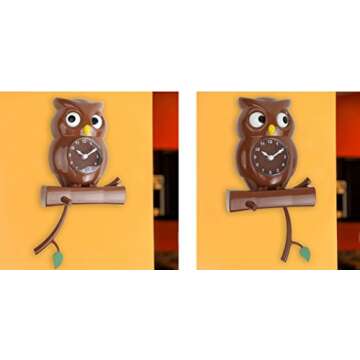 Lily's Home Pendulum Owl Clock with Revolving Eyes and Swinging Branch, Battery Powered and Wall Mou...