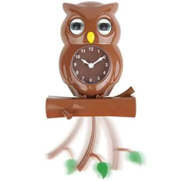 Lily's Home Pendulum Owl Clock with Revolving Eyes and Swinging Branch, Battery Powered and Wall Mountable, Wonderful and Whimsical Addition to Themed Bedroom Décor, Brown (15 Inches)
