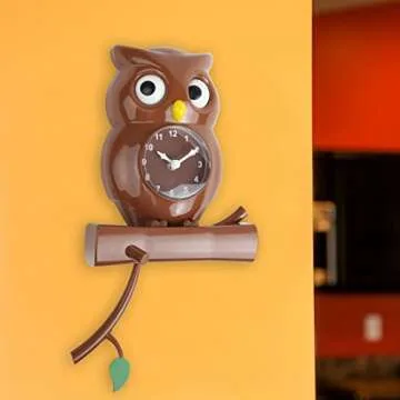 Lily's Home Pendulum Owl Clock with Revolving Eyes and Swinging Branch, Battery Powered and Wall Mountable, Wonderful and Whimsical Addition to Themed Bedroom Décor, Brown (15 Inches)