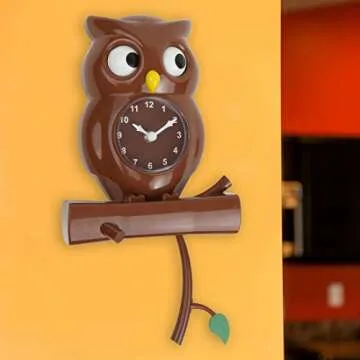 Lily's Home Pendulum Owl Clock with Revolving Eyes and Swinging Branch, Battery Powered and Wall Mountable, Wonderful and Whimsical Addition to Themed Bedroom Décor, Brown (15 Inches)