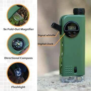 Carson X-Scope Kids 7 Function Multi Purpose Optical Pocket Tool with 30x Microscope, 8x Telescope, 9x Fold-Out Magnifier, Flashlight, Signal Whistle, Directional Compass and Digital Clock (CP-11)