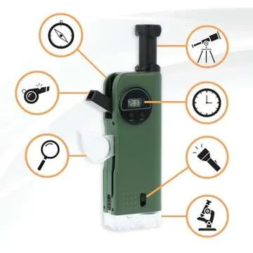 Carson X-Scope Kids 7 Function Multi Purpose Optical Pocket Tool with 30x Microscope, 8x Telescope, 9x Fold-Out Magnifier, Flashlight, Signal Whistle, Directional Compass and Digital Clock (CP-11)