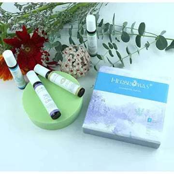 HERBROMAS Aromatherapy Oils Roller Set, Natural Pre-diluted Essential Oils Roll On with Glass Rollerball, Relaxation Gift for Women & Men, Christmas Gift, Pack 4 x 0.33fl.oz