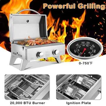 ROVSUN 20,000 BTU Portable Gas Grill, Large 2 Burner Tabletop Propane Grill with Foldable Legs, Regulator & Full Stainless Steel for Outdoor Picnic Camping Trip Tailgating Patio Garden BBQ Home Use