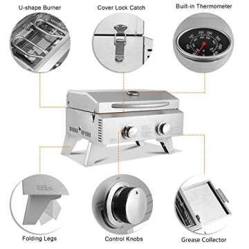 ROVSUN 20,000 BTU Portable Gas Grill, Large 2 Burner Tabletop Propane Grill with Foldable Legs, Regulator & Full Stainless Steel for Outdoor Picnic Camping Trip Tailgating Patio Garden BBQ Home Use