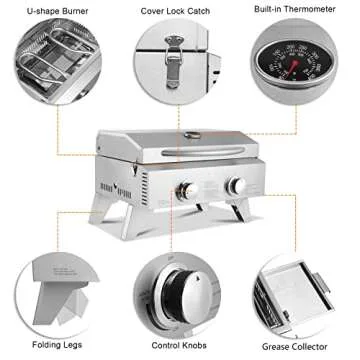 ROVSUN 20,000 BTU Portable Gas Grill, Large 2 Burner Tabletop Propane Grill with Foldable Legs, Regulator & Full Stainless Steel for Outdoor Picnic Camping Trip Tailgating Patio Garden BBQ Home Use