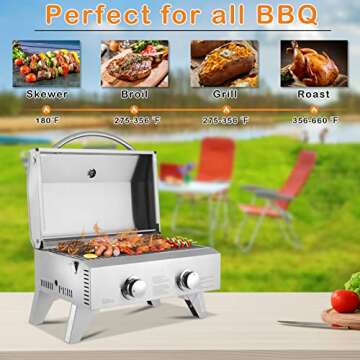 ROVSUN 20,000 BTU Portable Gas Grill, Large 2 Burner Tabletop Propane Grill with Foldable Legs, Regulator & Full Stainless Steel for Outdoor Picnic Camping Trip Tailgating Patio Garden BBQ Home Use
