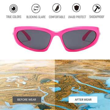 BAWUYI Y2K Wrap Around Sunglasses for Men Women Cool Cyber Glasses Sports Biker Rider Shades Shield (Rose pink Frame-Grey Lens)