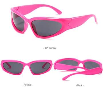 BAWUYI Y2K Wrap Around Sunglasses for Men Women Cool Cyber Glasses Sports Biker Rider Shades Shield (Rose pink Frame-Grey Lens)