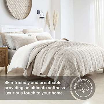 HORIMOTE HOME 100% Cotton Quilt King Size Beige Bedspread, Pre-Washed 3-Piece Cozy Lightweight Stitc...