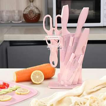 cute knife set includes 3 kitchen knives, ceramic peeler and multipurpose scissor, dishwasher safe, good for beginners