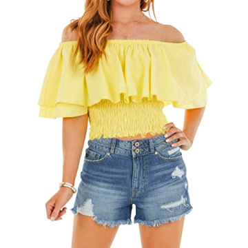 Hibluco Womens Off Shoulder Tops Ruffled Smocked Crop Tops Summer Blouse Shirts A Yellow