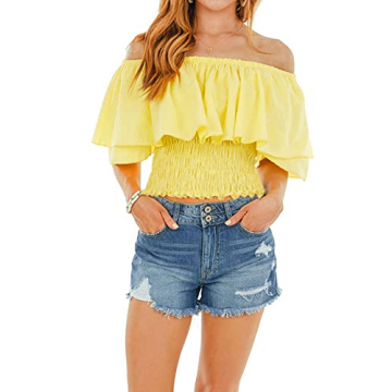 Hibluco Women's Off Shoulder Ruffled Summer Crop Top