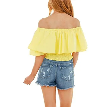 Hibluco Women's Off Shoulder Ruffled Summer Crop Top