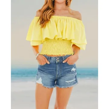 Hibluco Women's Off Shoulder Ruffled Summer Crop Top