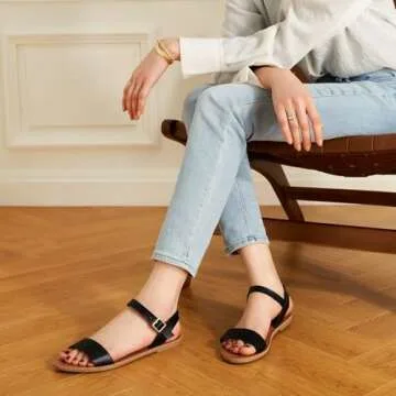 Trary Sandals for Women Dressy Summer, Leather Flat Sandals for Women, Ankle Strap Gladiator Sandals, Cute Open Toe One Band Two Tone Sandals, Adjustable Metal Buckle Sandals, Comfortable Wedding Sandals for Women