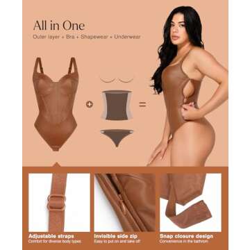 Popilush Faux Leather Bodysuit with Tummy Control