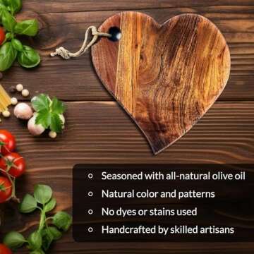 Featherlee Heart Shaped Acacia Serving Tray - Natural Acacia Wood Charcuterie Board - Cheese Board Snack Tray with Rich Grains - Bread Board for Valentines, Weddings, Anniversaries, Mother’s Day