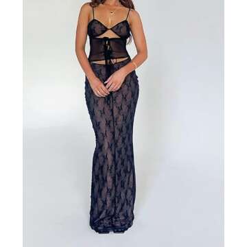 NUFIWI Women Lace Mesh See Through 2pcs Skirts Sets Sleeveless Crop Top and Long Skirt Matching Sets Night Club Party Suit