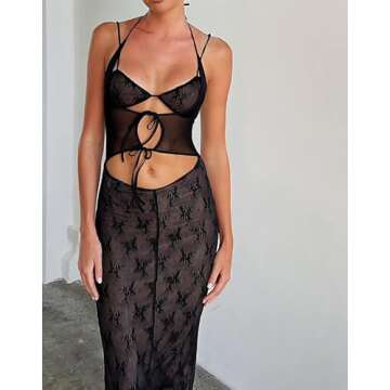 NUFIWI Women Lace Mesh See Through 2pcs Skirts Sets Sleeveless Crop Top and Long Skirt Matching Sets Night Club Party Suit