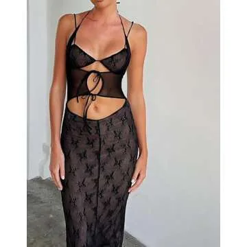 NUFIWI Women Lace Mesh See Through 2pcs Skirts Sets Sleeveless Crop Top and Long Skirt Matching Sets Night Club Party Suit