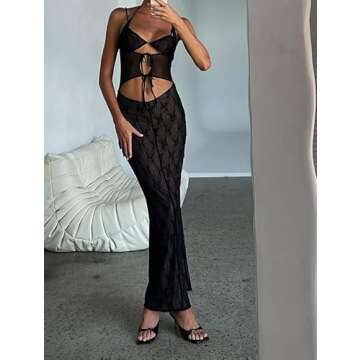 NUFIWI Women Lace Mesh See Through 2pcs Skirts Sets Sleeveless Crop Top and Long Skirt Matching Sets Night Club Party Suit