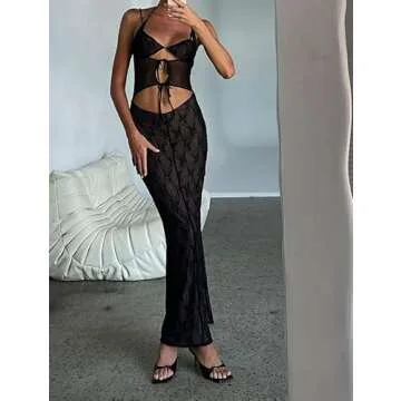 NUFIWI Women Lace Mesh See Through 2pcs Skirts Sets Sleeveless Crop Top and Long Skirt Matching Sets Night Club Party Suit