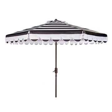 SAFAVIEH PAT8011D Outdoor Collection Maui Black and White Single Scallop Striped 9Ft Crank Push Button Tilt Umbrella