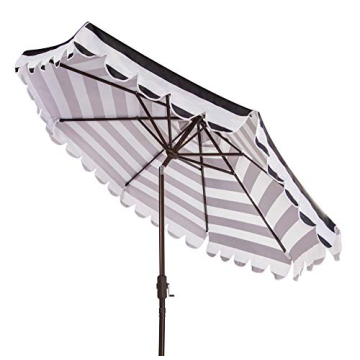 SAFAVIEH PAT8011D Outdoor Collection Maui Black and White Single Scallop Striped 9Ft Crank Push Button Tilt Umbrella