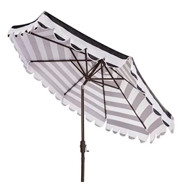 SAFAVIEH PAT8011D Outdoor Collection Maui Black and White Single Scallop Striped 9Ft Crank Push Button Tilt Umbrella