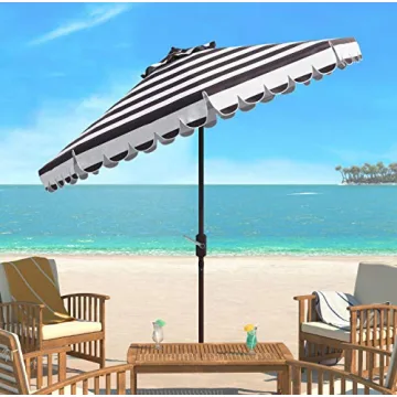 SAFAVIEH PAT8011D Outdoor Collection Maui Black and White Single Scallop Striped 9Ft Crank Push Button Tilt Umbrella