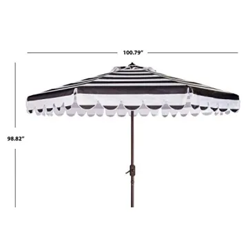 SAFAVIEH PAT8011D Outdoor Collection Maui Black and White Single Scallop Striped 9Ft Crank Push Button Tilt Umbrella