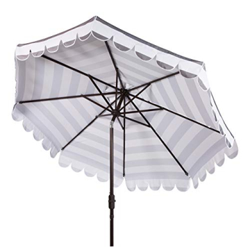 SAFAVIEH PAT8011D Outdoor Collection Maui Black and White Single Scallop Striped 9Ft Crank Push Button Tilt Umbrella
