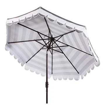 SAFAVIEH PAT8011D Outdoor Collection Maui Black and White Single Scallop Striped 9Ft Crank Push Button Tilt Umbrella