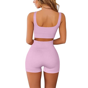 QINSEN Women's Seamless Ribbed Workout Set - Dusty Pink