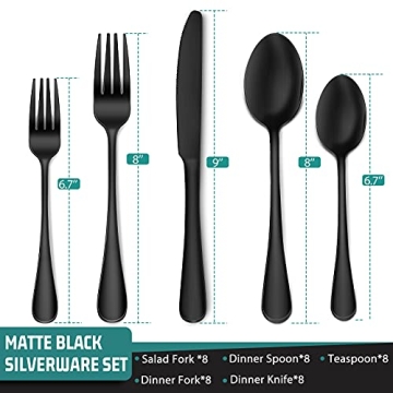 Hiware Matte Black Flatware Set for 8 with Serving Utensils