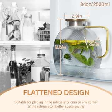 OneDream Glass Pitcher with Lids for Fridge Door, 2.5l/84oz Large Iced Tea Pitcher with Handle, Boro...