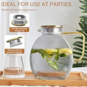 OneDream Glass Pitcher with Lids for Fridge Door, 2.5l/84oz Large Iced Tea Pitcher with Handle, Borosilicate Water Jug for Sun Tea, Fruit Juice, Drinks, Lemonade, Cold or Hot Beverages, Smoke Gray