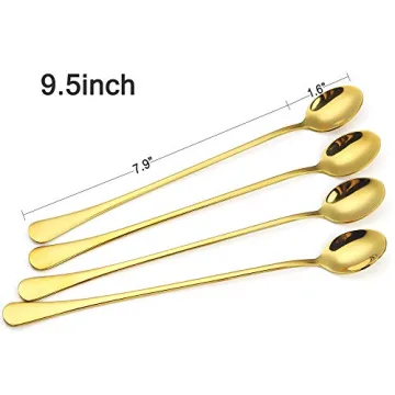 NAWOVAO 9.5 Inches Iced Tea Spoon Long Handle Stainless Steel Mixing, Cocktail Stirring, Coffee, Milkshake, Cold Drink Spoons Set of 4 Gold Long Spoon