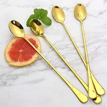 NAWOVAO 9.5 Inches Iced Tea Spoon Long Handle Stainless Steel Mixing, Cocktail Stirring, Coffee, Milkshake, Cold Drink Spoons Set of 4 Gold Long Spoon