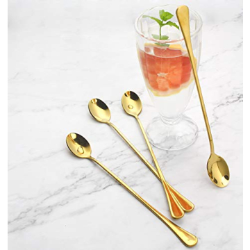 NAWOVAO 9.5 Inches Iced Tea Spoon Long Handle Stainless Steel Mixing, Cocktail Stirring, Coffee, Milkshake, Cold Drink Spoons Set of 4 Gold Long Spoon