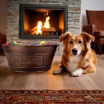 Indestructible Metal Dog Toy Bin - Copper Galvanized Storage Bin with Handles, Dog Toy Box for Dog Chew Toys, Blankets, & Leashes, Dog Bone Design Pet Toy Box (15-Quart)