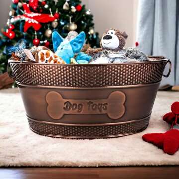 Indestructible Metal Dog Toy Bin - Copper Galvanized Storage Bin with Handles, Dog Toy Box for Dog Chew Toys, Blankets, & Leashes, Dog Bone Design Pet Toy Box (15-Quart)