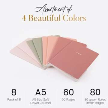 Happy Hoos Notebook Journal (8 Pack), A5, 5.5 x 8 in, 80 gsm thick paper, Cute Soft Paper Cover Notebook Set, Thin Writing Journal for Travel, Meditation, Wedding and Dream Journals, Lightweight Lined
