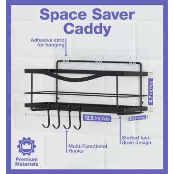 KINCMAX Premium Shower Caddy - Adhesive Bathroom Shower Organizer and Storage w/ 4 Hooks, No Drill S...