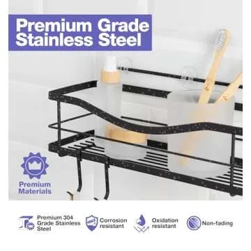 KINCMAX Premium Shower Caddy - Adhesive Bathroom Shower Organizer and Storage w/ 4 Hooks, No Drill Shower Shelves for Inside Shower, Rustproof Stainless Steel Shower Rack, Accessories Holder, Black