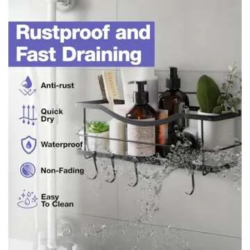 KINCMAX Premium Shower Caddy - Adhesive Bathroom Shower Organizer and Storage w/ 4 Hooks, No Drill Shower Shelves for Inside Shower, Rustproof Stainless Steel Shower Rack, Accessories Holder, Black