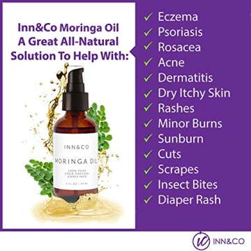 Inn&Co Highest Quality Organic Moringa Oil - 2 fl Oz - 100% Pure, Undiluted, Cold Pressed, And Unrefined