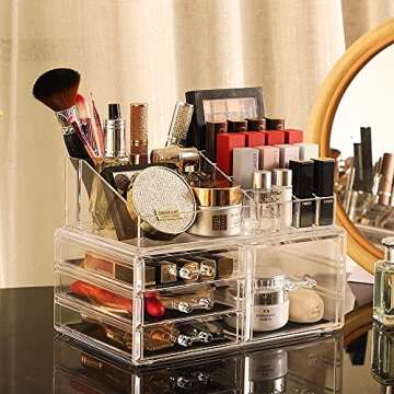 Cq acrylic 2 Pack Clear Makeup Organizer Countertop,Stackable 4 Drawers Skincare Organizer,Cute Skin Care Organizer for Vanity Hair Clip,Jewelry,Beauty Product Desk and Make Up Organizers for Vanity
